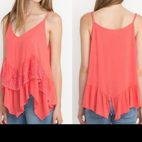 LISA Cami Top Deep V Neck Tiered Lacey Ruffled Shark Bite Hem Coral Md & Lg NWT - Picture 2 of 5
